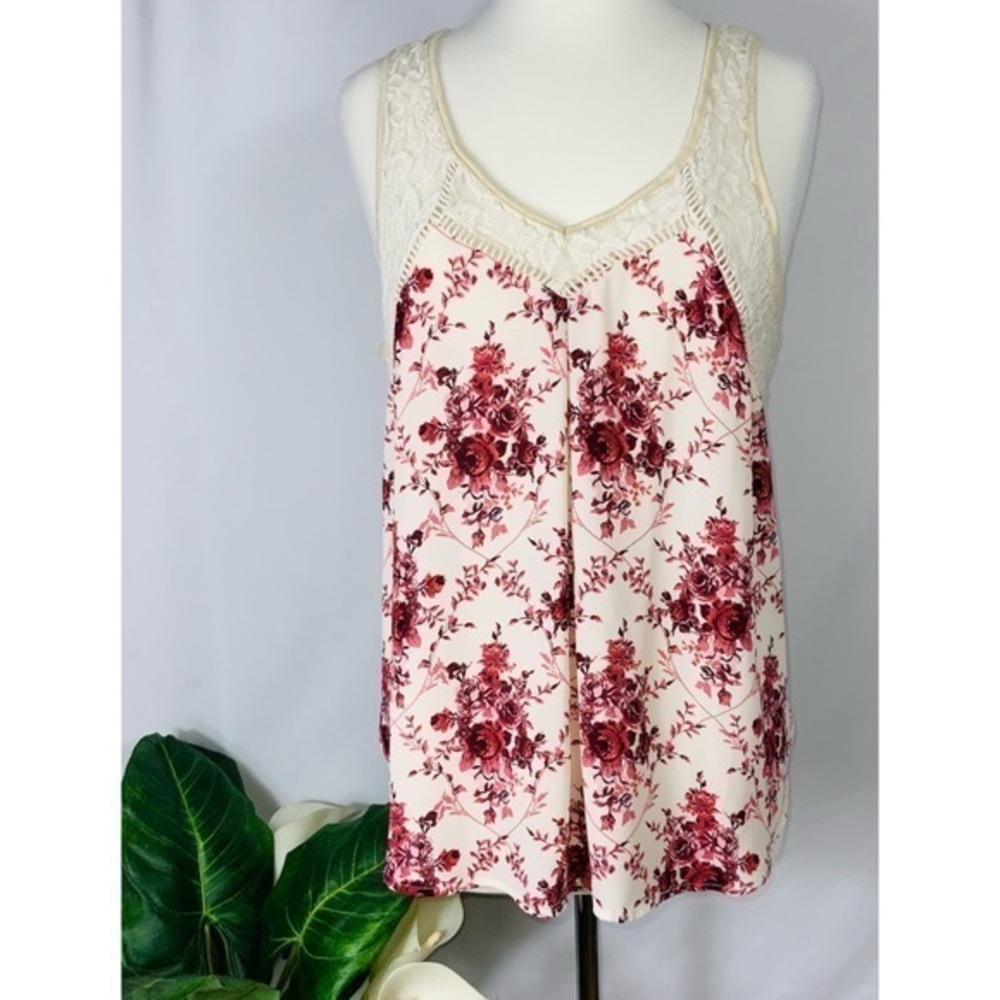 Hint Of Mint Lace & Burgundy Floral Summer Casual Tank Top Dainty XL